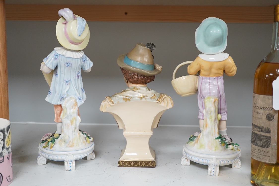 A pair of Volkstedt figures, 30cm high and a Royal Dux portrait bust